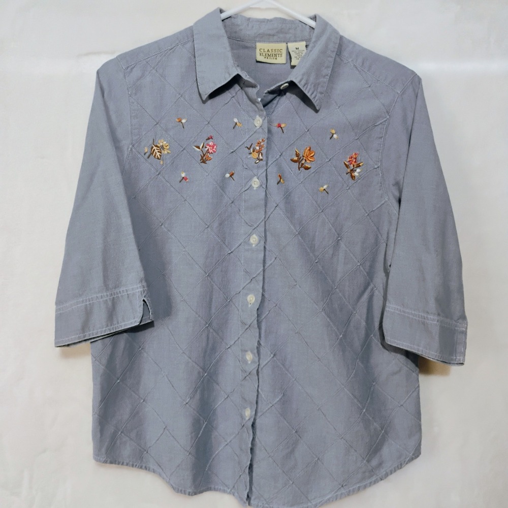 Vintage Classic Elements Petite Medium Blue Embroidered Floral Cotton Shirt Z